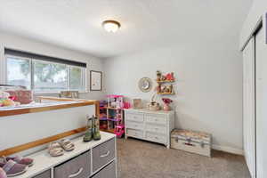 Carpeted bedroom with a closet and a textured ceiling