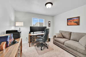 Office with baseboards and carpet floors