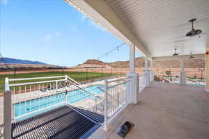 Exterior space with a patio and a mountain view