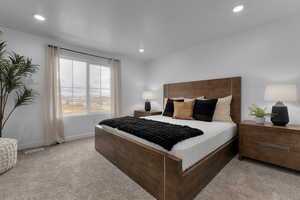 Carpeted bedroom with recessed lighting, baseboards, and visible vents