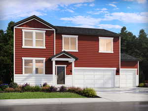 View of front of home featuring roof with shingles and driveway