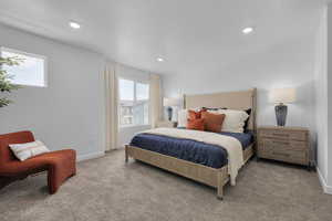 Carpeted bedroom featuring baseboards, multiple windows, and recessed lighting
