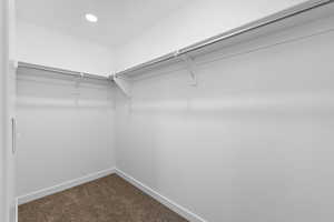 Walk in closet with dark carpet