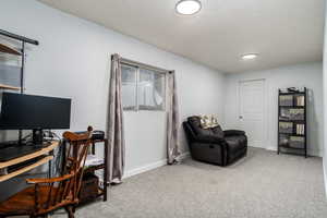 Living area featuring baseboards and carpet flooring