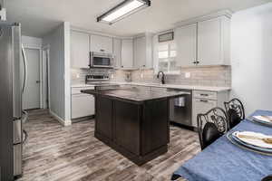 Updated Kitchen with a sink, solid surface counters, stainless steel appliances, and LVP floors.