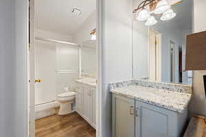 Full bathroom featuring vanity, a stall shower, wood finished floors, and toilet