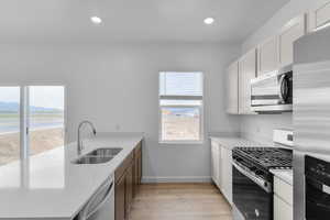 Kitchen with stainless steel appliances, a healthy amount of sunlight, a sink, a peninsula, and light countertops