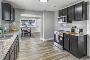 Kitchen featuring dark cabinetry, appliances with stainless steel finishes, a sink, and light wood-type flooring