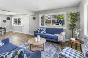 Living area with baseboards, a wealth of natural light, and wood finished floors
