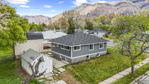 Aerial view featuring a mountain view