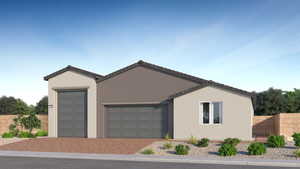 View of front facade featuring a garage, fence, stucco siding, and decorative driveway