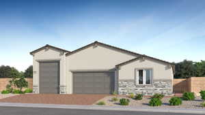 Rendering of front of house with decorative driveway, an attached garage, fence, and stone siding