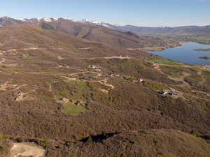 Bird's eye view with a water and mountain view