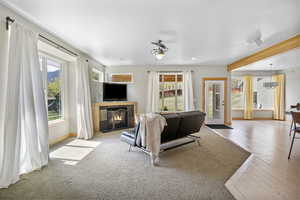 Living area featuring wood finished floors, recessed lighting, a healthy amount of sunlight, and a fireplace