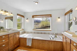Primary Full bath featuring vanity, a garden tub, and wood finished floors