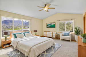 Primary Bedroom 4 with a ceiling fan, light carpet, and vaulted ceiling, virtual staging