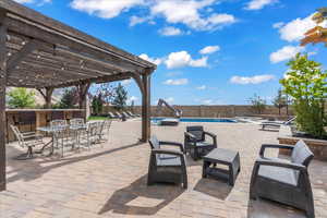 View of patio with a pergola, a fenced in pool, and a fenced backyard