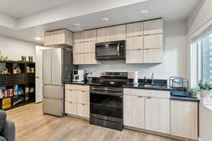 Kitchen featuring light wood-style floors, a sink, appliances with stainless steel finishes, and modern cabinets