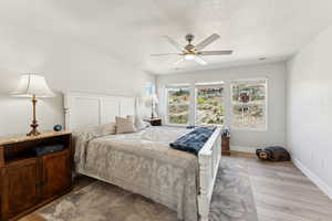 Bedroom featuring baseboards, a textured ceiling, light wood-style flooring, and multiple windows