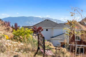 Rear view of property featuring a mountain view and roof with shingles