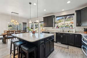 Kitchen featuring light wood-type flooring, a sink, a kitchen island, and stainless steel appliances
