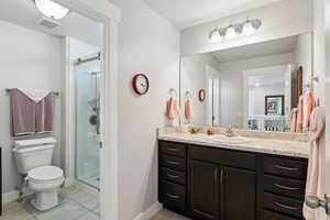 Bathroom featuring visible vents, tile patterned flooring, toilet, baseboards, and a stall shower
