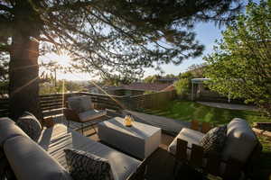 View of patio featuring a fenced backyard, a deck, and outdoor lounge area