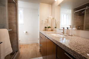 Bathroom featuring wood finished floors, baseboards, a stall shower, and vanity