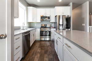 Kitchen with recessed lighting, white cabinetry, a sink, dark wood finished floors, and stainless steel appliances
