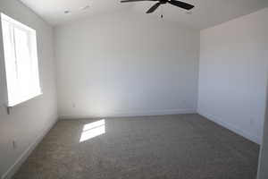 Empty room featuring carpet floors, plenty of natural light, baseboards, and ceiling fan