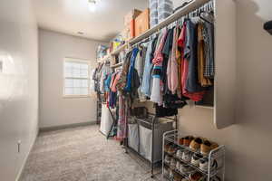 Spacious closet featuring carpet floors and visible vents