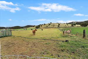 View of yard featuring fence, a mountain view, and a rural view