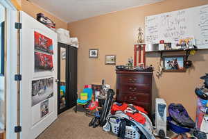 Carpeted bedroom featuring a textured ceiling