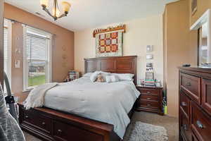 Carpeted bedroom featuring visible vents