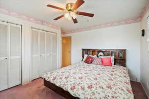 Bedroom featuring multiple closets, ceiling fan, and carpet flooring