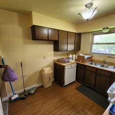 Kitchen with a sink, dark brown cabinets, dark wood-type flooring, and dishwasher