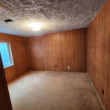 Carpeted spare room featuring wooden walls