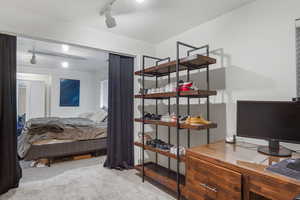 Bedroom featuring track lighting and carpet floors