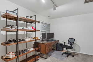 Office featuring carpet floors, baseboards, rail lighting, and visible vents