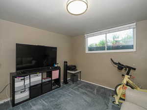 Workout room featuring baseboards and carpet flooring