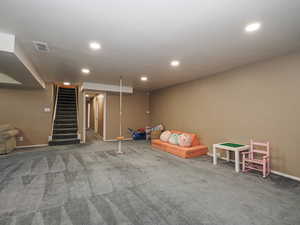 Game room with carpet floors, recessed lighting, baseboards, and visible vents