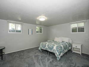 Bedroom featuring baseboards, carpet, and a textured ceiling