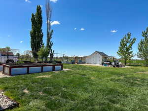 View of yard featuring a fenced backyard and a vegetable garden