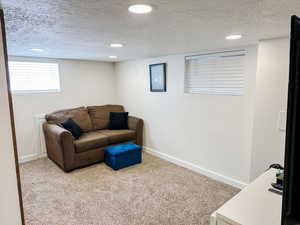 Carpeted living area featuring recessed lighting, a textured ceiling, and baseboards