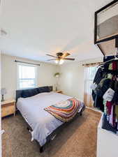 Bedroom featuring multiple windows, carpet, and ceiling fan