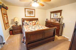 Bedroom with baseboards, visible vents, and light carpet