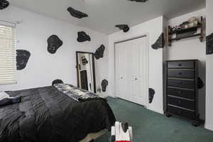 Bedroom featuring carpet flooring, baseboards, and a closet