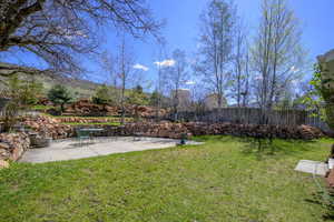 View of yard with a fenced backyard and a patio area