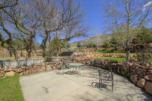 View of patio featuring a mountain view