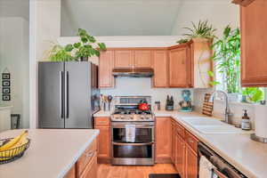 Kitchen with a sink, light countertops, stainless steel appliances, under cabinet range hood, and vaulted ceiling